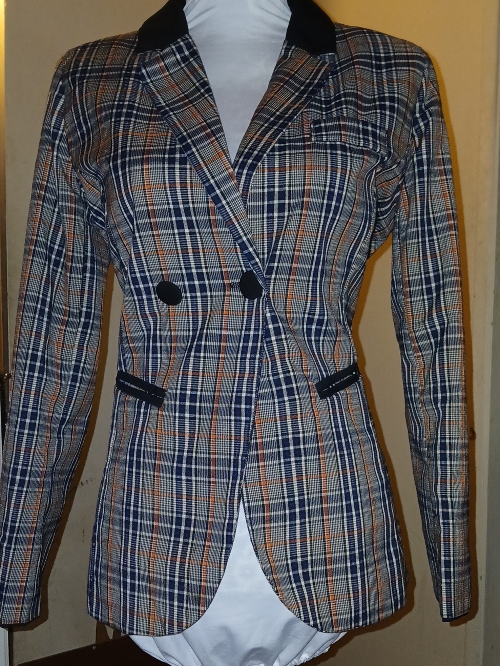Women's Plaid Blazer in Navy, Orange & White